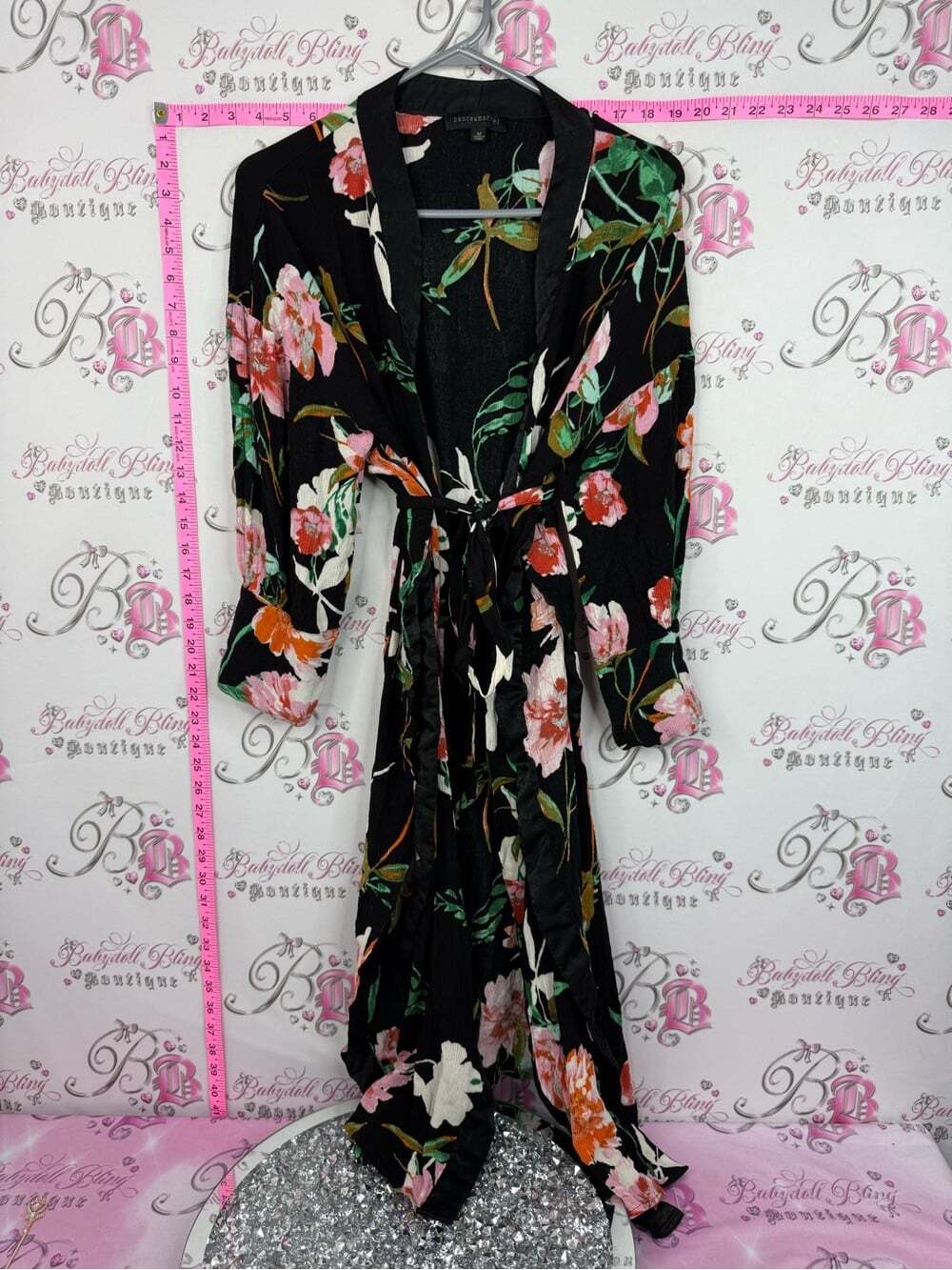 Dance & Marvel Black Floral Midi Wrap Dress with Pink & Orange Blooms